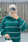 Collar Zippered Striped Dress Emerald Green