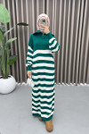 Collar Zippered Striped Dress Emerald Green