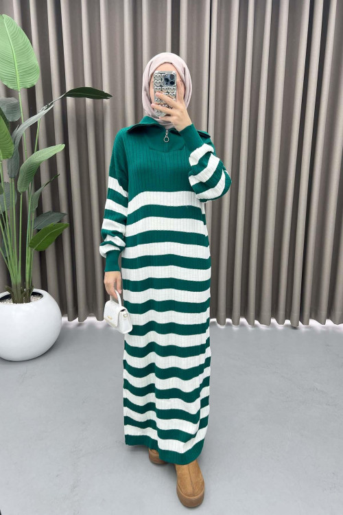 Collar Zippered Striped Dress Emerald Green