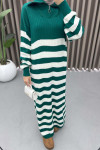 Collar Zippered Striped Dress Emerald Green