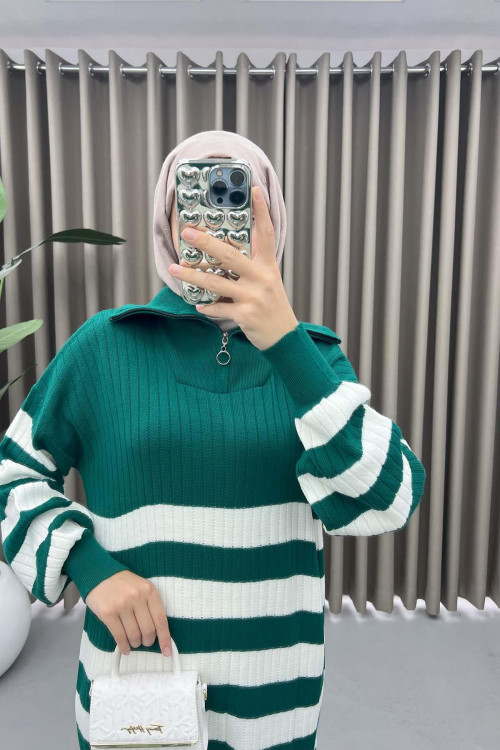 Collar Zippered Striped Dress Emerald Green