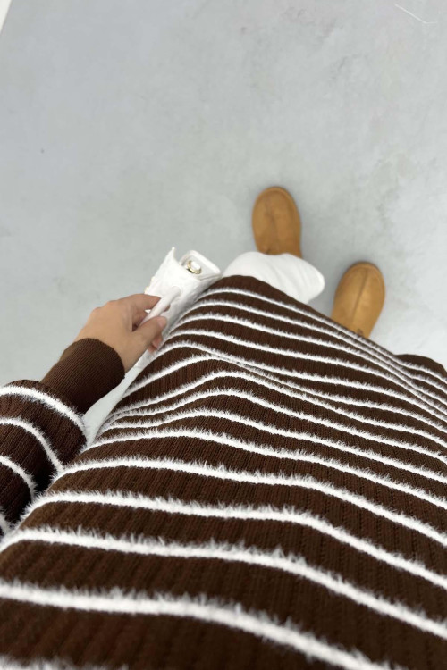 Collar Zippered Striped Tunic Bitter Brown