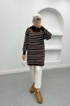 Collar Zippered Striped Tunic Bitter Brown