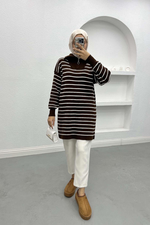 Collar Zippered Striped Tunic Bitter Brown