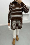 Collar Zippered Striped Tunic Bitter Brown