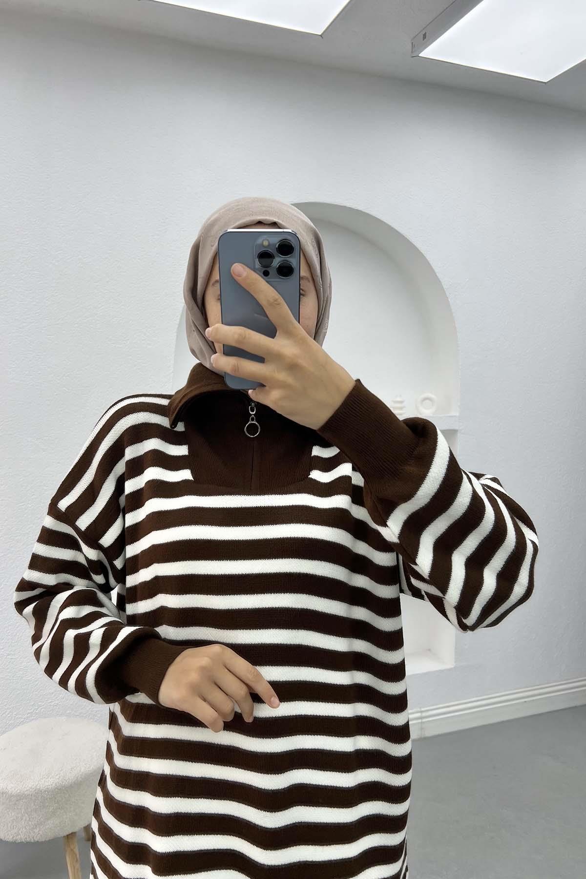 Striped Tunic with Collar Zipper Bitter Brown