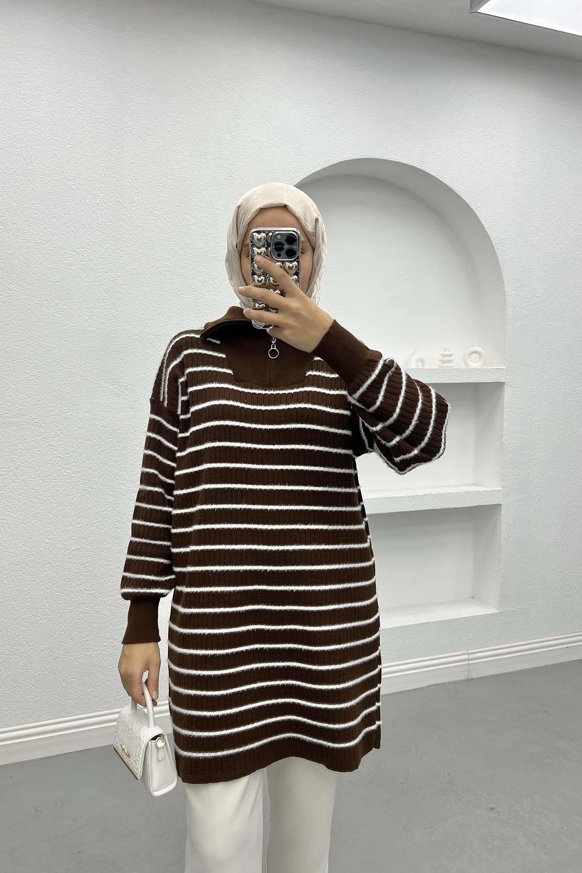 Collar Zippered Striped Tunic Bitter Brown