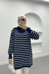 Collar Zippered Striped Tunic Navy Blue