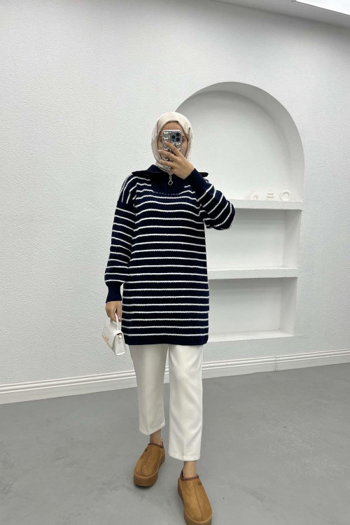 Collar Zippered Striped Tunic Navy Blue