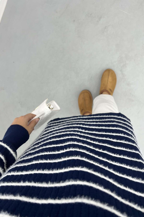 Collar Zippered Striped Tunic Navy Blue