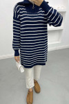 Collar Zippered Striped Tunic Navy Blue