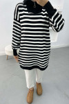 Collar Zippered Striped Tunic Black