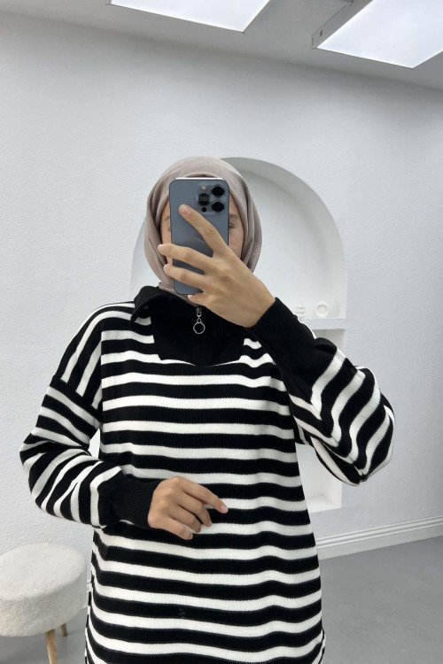 Collar Zippered Striped Tunic Black