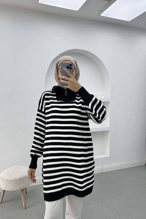 Collar Zippered Striped Tunic Black