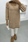 Collar Zippered Striped Tunic Milky Coffee