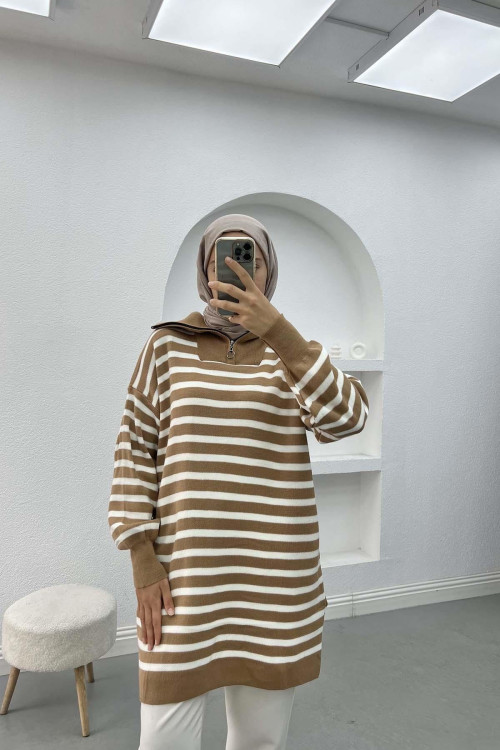 Collar Zippered Striped Tunic Milky Coffee