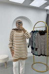 Collar Zippered Striped Tunic Milky Coffee