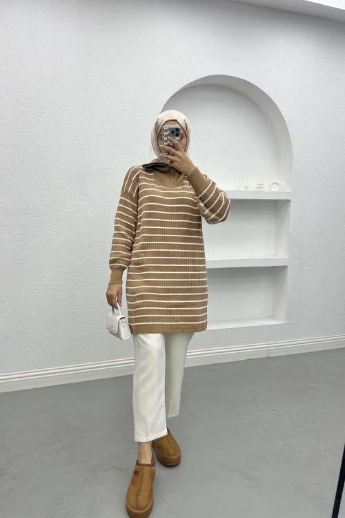 Collar Zippered Striped Tunic Milky Coffee