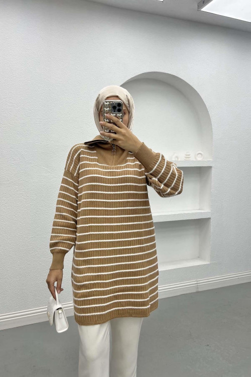 Collar Zippered Striped Tunic Milky Coffee