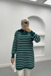 Collar Zippered Striped Tunic Emerald Green