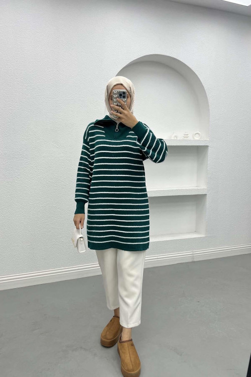 Collar Zippered Striped Tunic Emerald Green