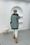 Collar Zippered Striped Tunic Emerald Green