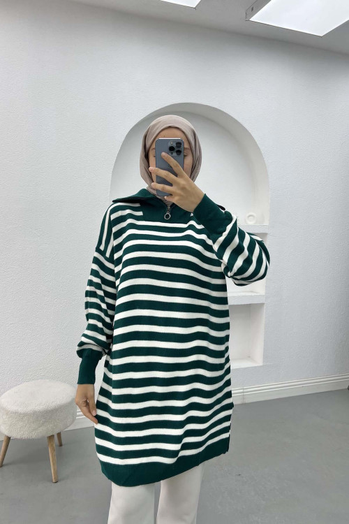 Collar Zippered Striped Tunic Emerald Green