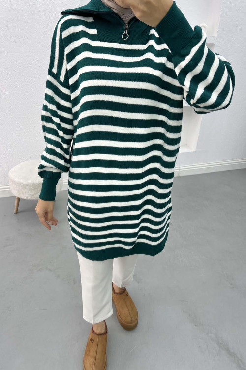 Collar Zippered Striped Tunic Emerald Green