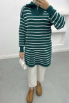 Collar Zippered Striped Tunic Emerald Green