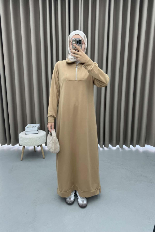 Collar Zippered Sweat Dress Milky Coffee