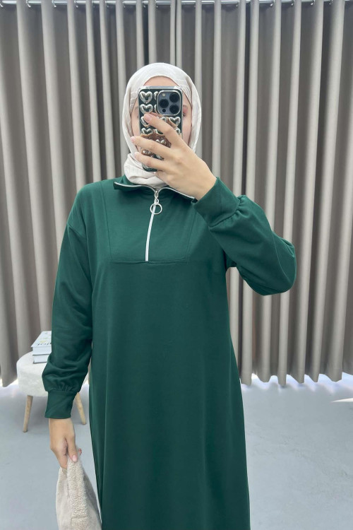 Collar Zippered Sweat Dress Emerald Green