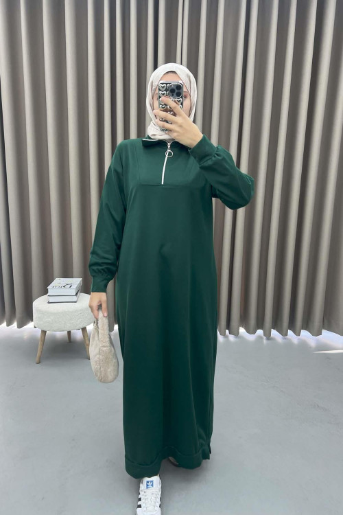 Collar Zippered Sweat Dress Emerald Green