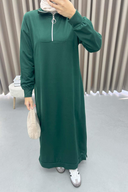 Collar Zippered Sweat Dress Emerald Green