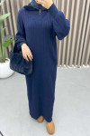 Collar Zippered Knit Dress Navy Blue