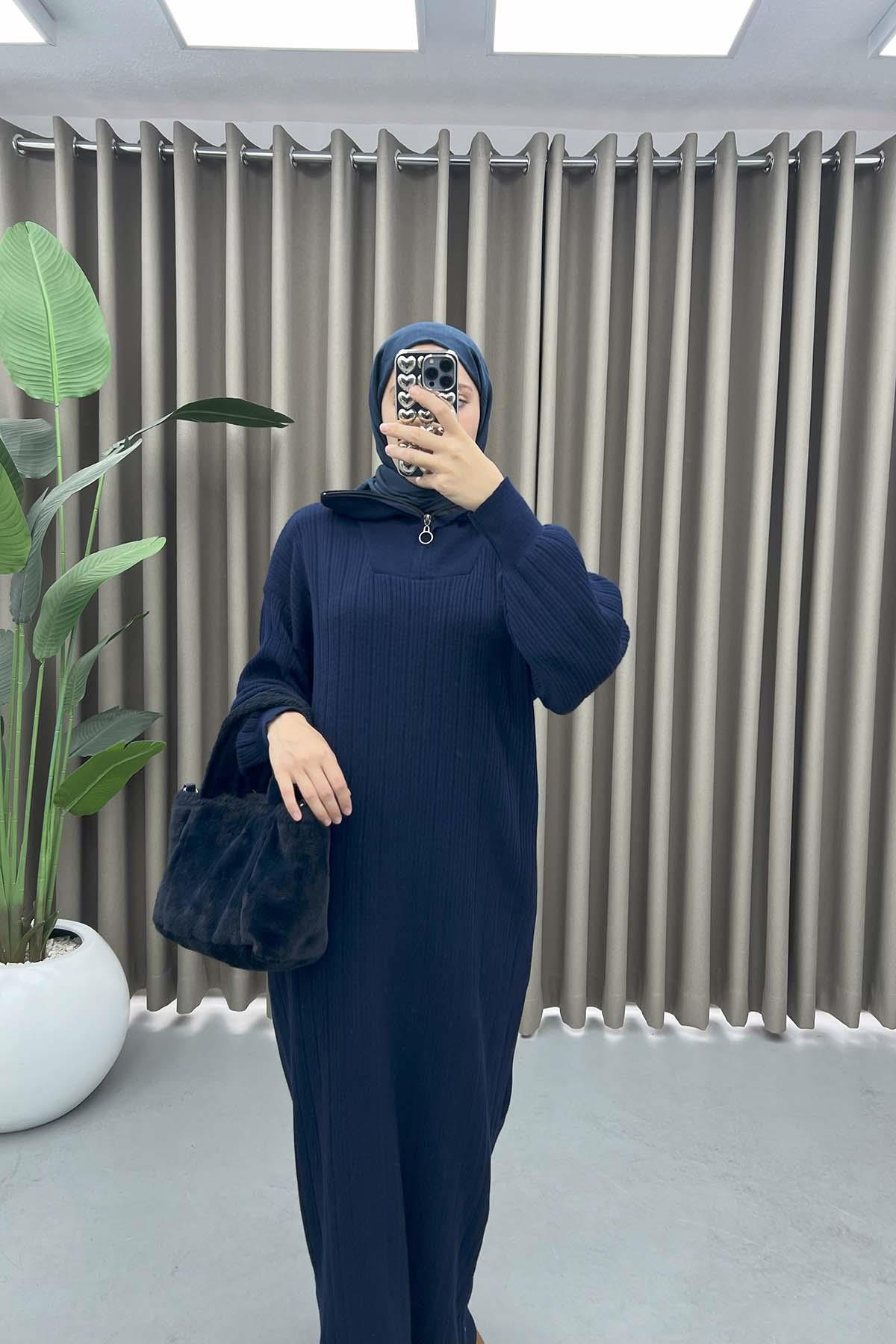 Collar Zippered Knit Dress Navy Blue