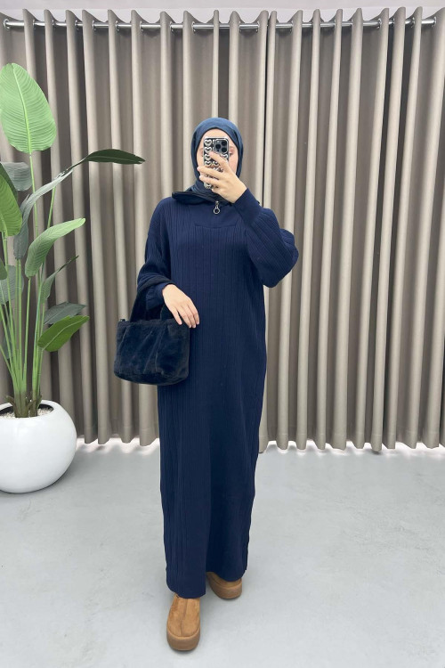 Collar Zippered Knit Dress Navy Blue