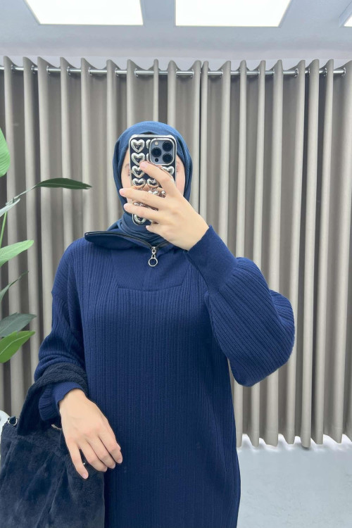 Collar Zippered Knit Dress Navy Blue