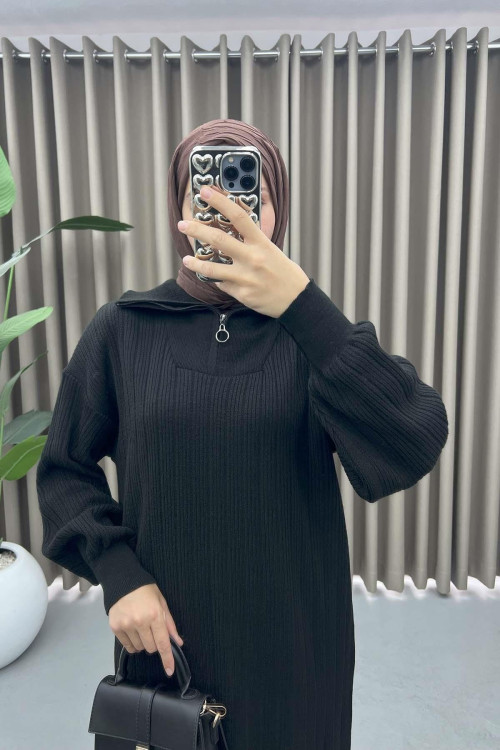 Collar Zippered Knit Dress Black