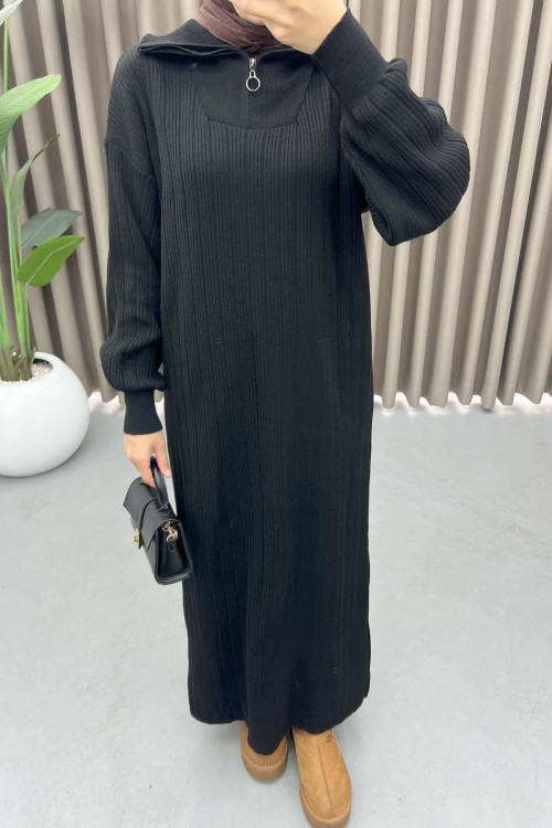 Collar Zippered Knit Dress Black