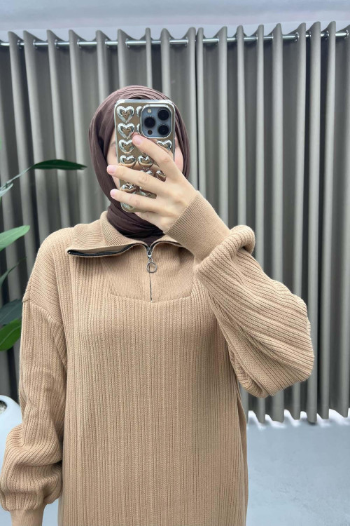 Collar Zippered Knit Dress Milky Coffee