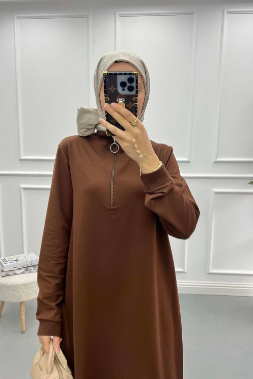 Collar Zippered Tunic Bitter Brown