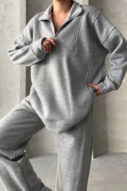 Three Thread Collar Zipper Suit Light Gray