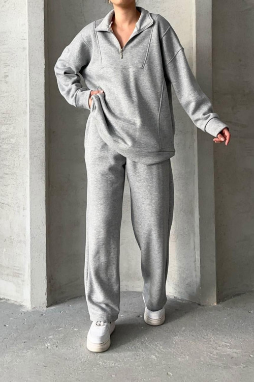 Three Thread Collar Zipper Suit Light Gray