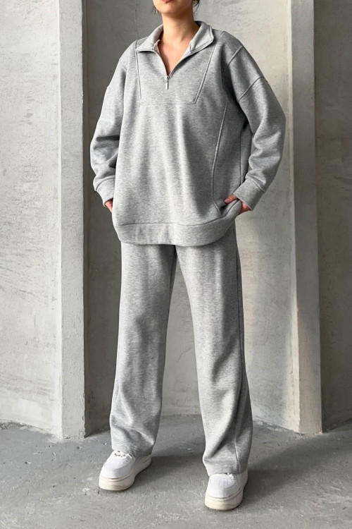 Three Thread Collar Zipper Suit Light Gray