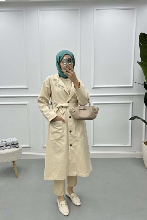 Stone Collar Trench Coat Beige