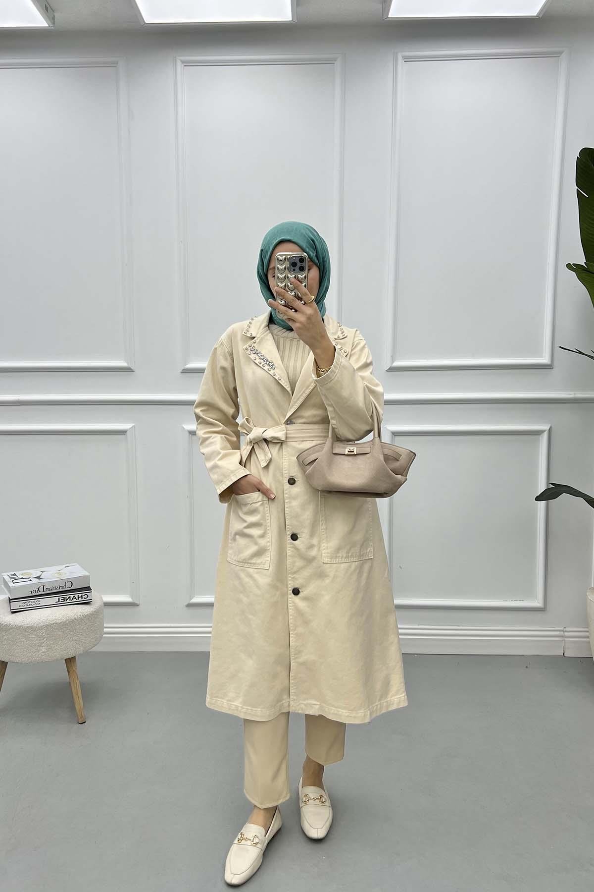 Stone Collar Trench Coat Beige