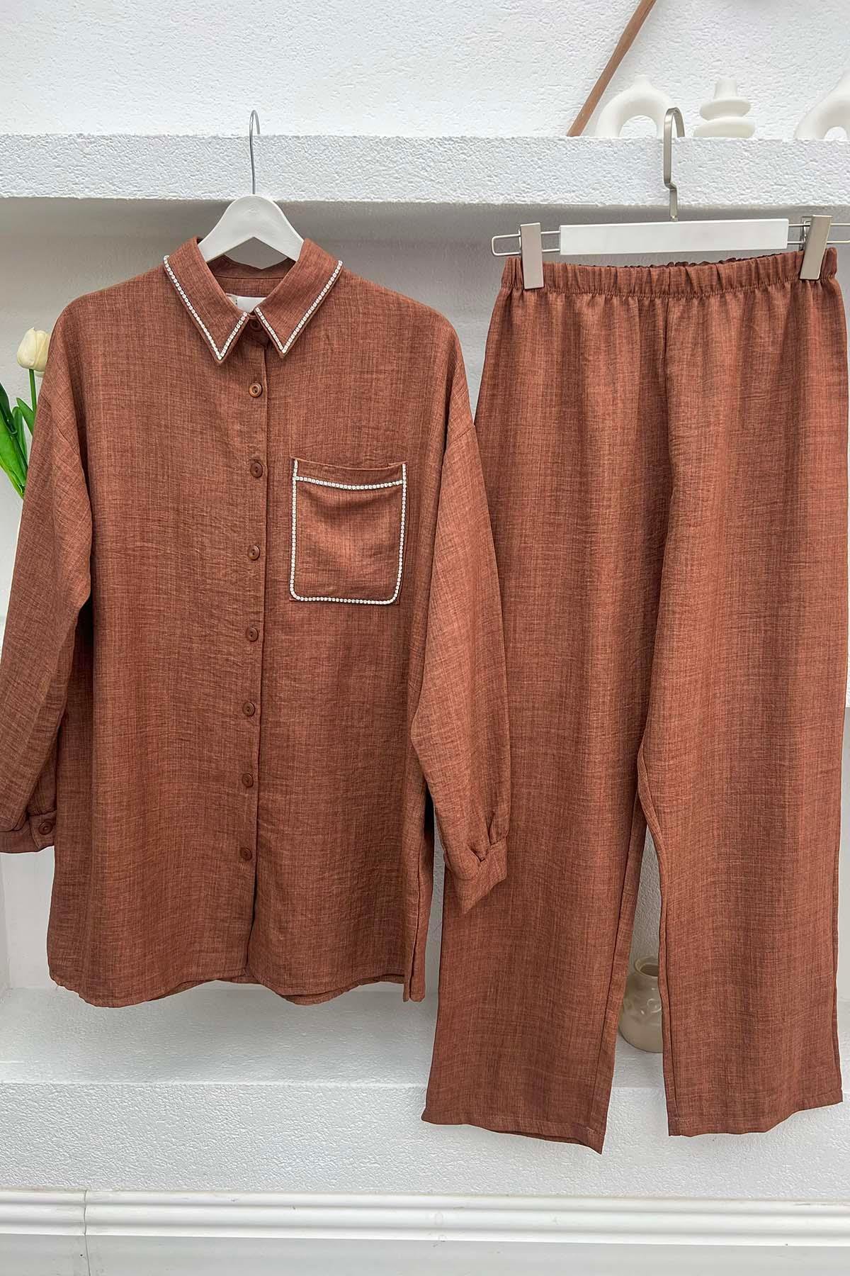 Collar and Pocket Stoned Suit Brown