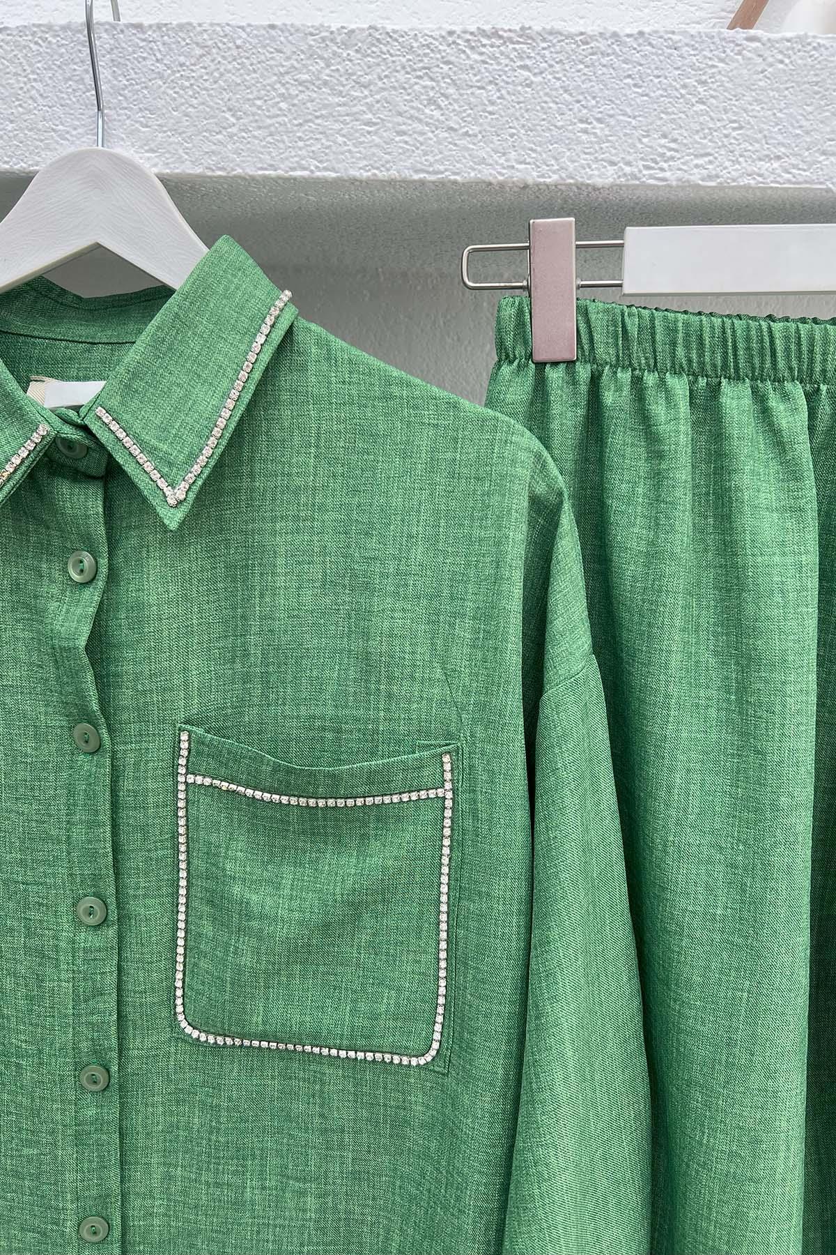 Collar and Pocket Stoned Suit Green