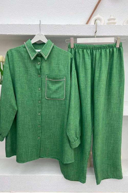 Collar and Pocket Stoned Suit Green