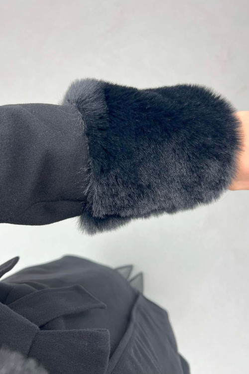 Fur Collar and Sleeve Coat Black